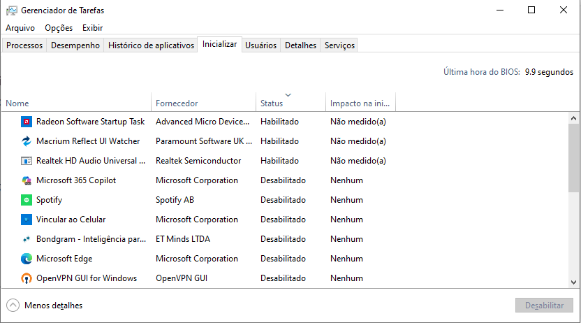 Aba Inicializar do Gerenciador de Tarefas do Windows 10 mostrando aplicativos habilitados e desabilitados