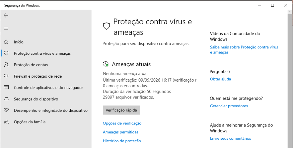 Tela Proteção contra vírus e ameaças da Segurança do Windows 10