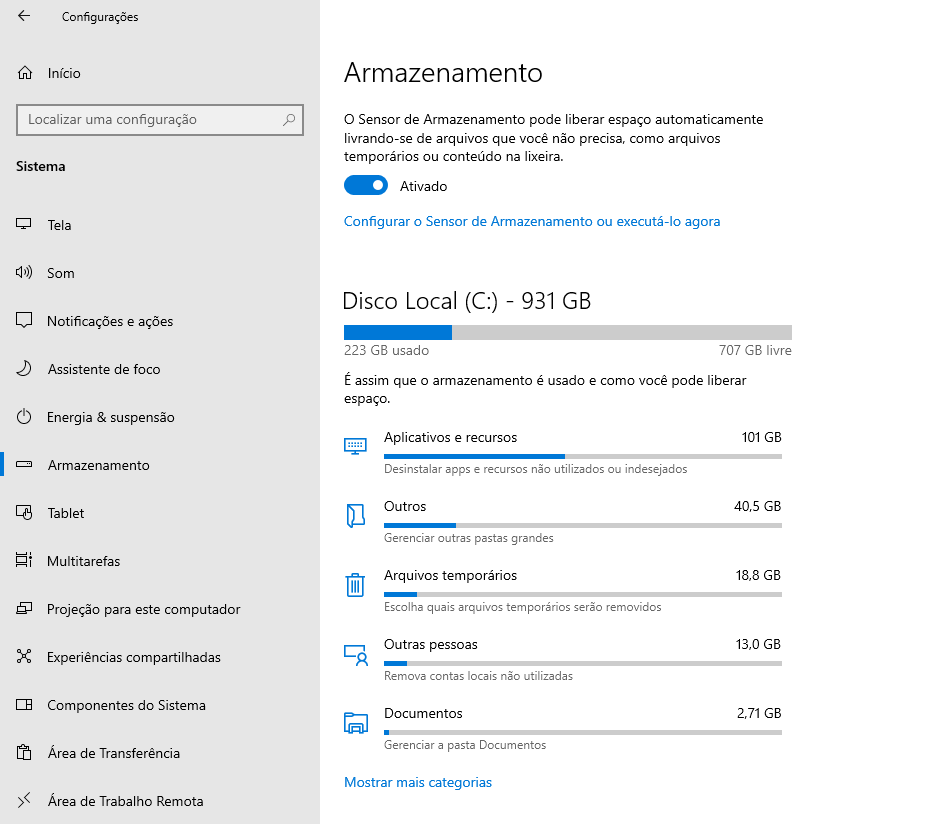 Tela de armazenamento do Windows 10 mostrando o Sensor de Armazenamento e o uso do disco